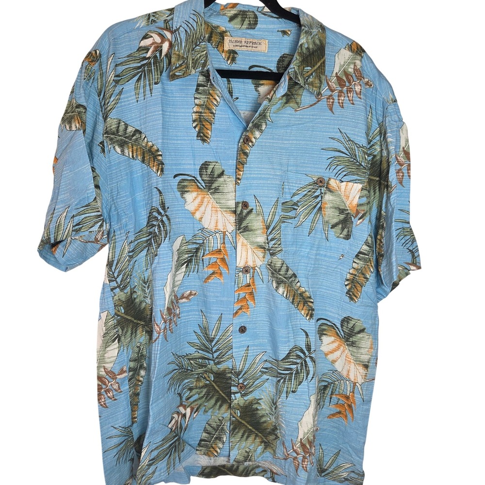 VTG Island‎ Republic Hawaiian Camp Shirt Blue Tropical Palm Leaf Cotton Rayon XL